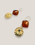 Amber brown resin hook earrings ammonite fossil gold