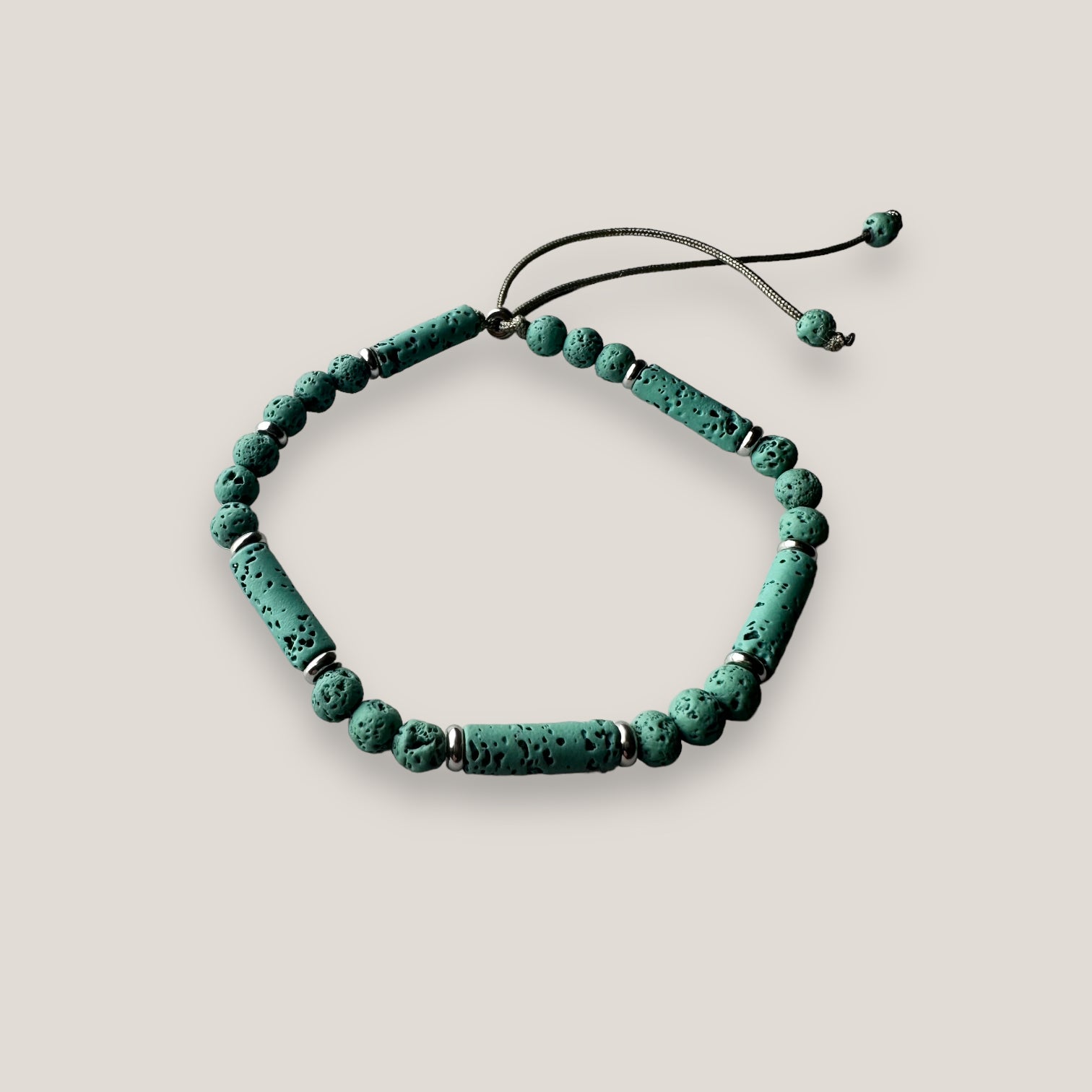 Pulsera tubos y cuentas de lava verde seco y cuentas de acero