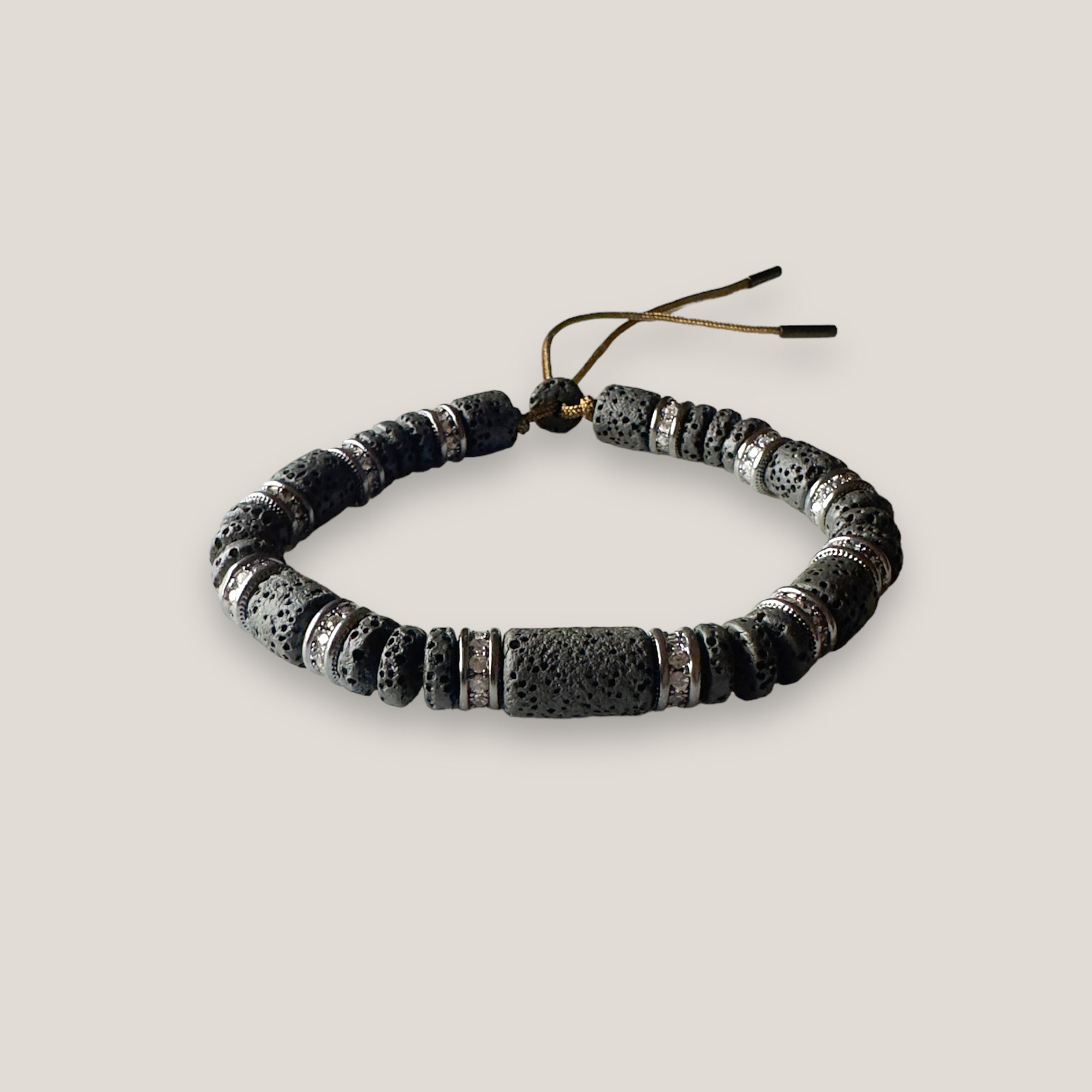 Pulsera Fuerte Beads tambor, discos, tambores de lava negra y rondeles gunmetal y circonitas