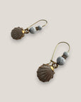 Hook earrings, gold steel, gilded shells, white enamel, white lava, gilded separators, small crystals