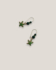 Hook earrings, gold steel, golden stars, dark lava green enamel, golden separators, olive green crystals