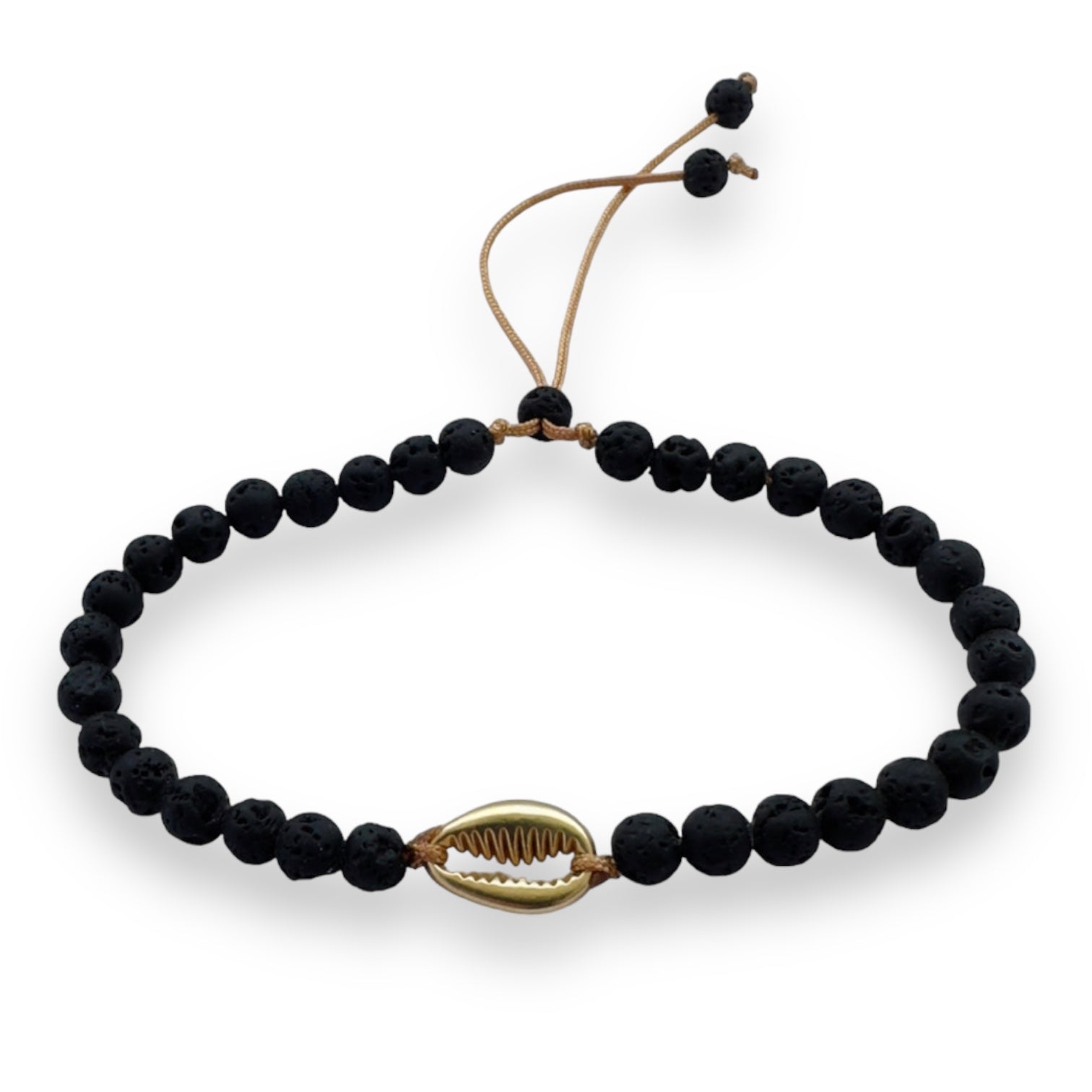 Armband mit goldener Kauri und schwarzer Lava