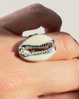 Anillo plateado con cowrie blanco