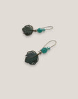 Pendientes pluma pátina gancho bronce cristales facetados turquesas