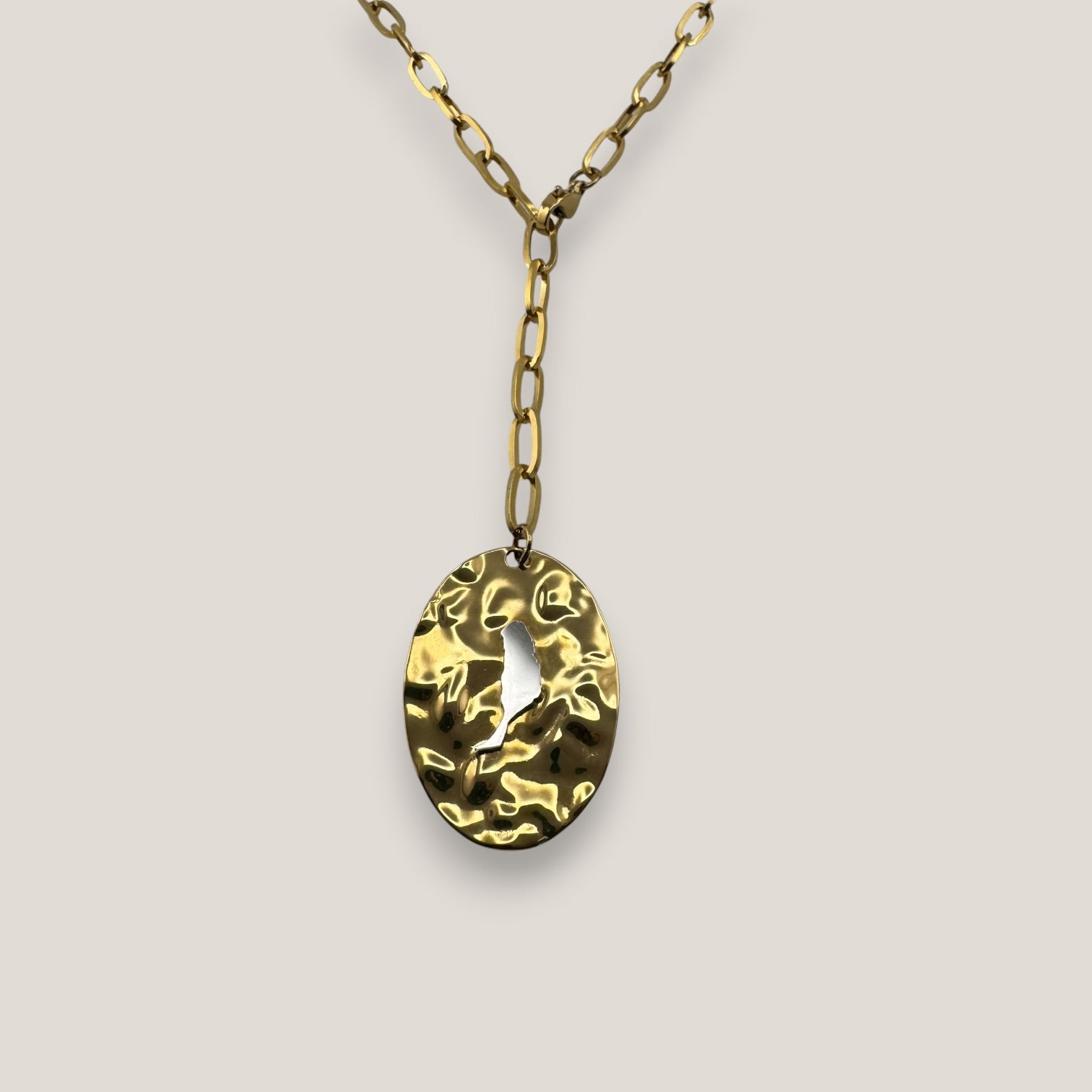 Collar medalla oval isla Fuerteventura acero cadena largo regulable acero oro