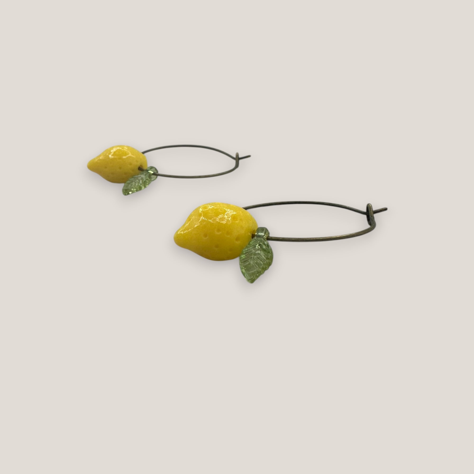 Minimalist hoop earrings in bronze with lemon and resin leaf