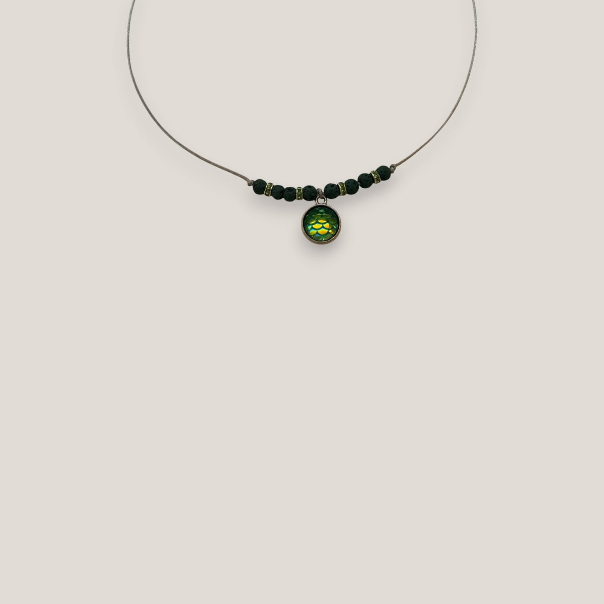 Midi necklace, circle, steel, iridescent green mermaid scales, dark green lava, light green crystal spacers