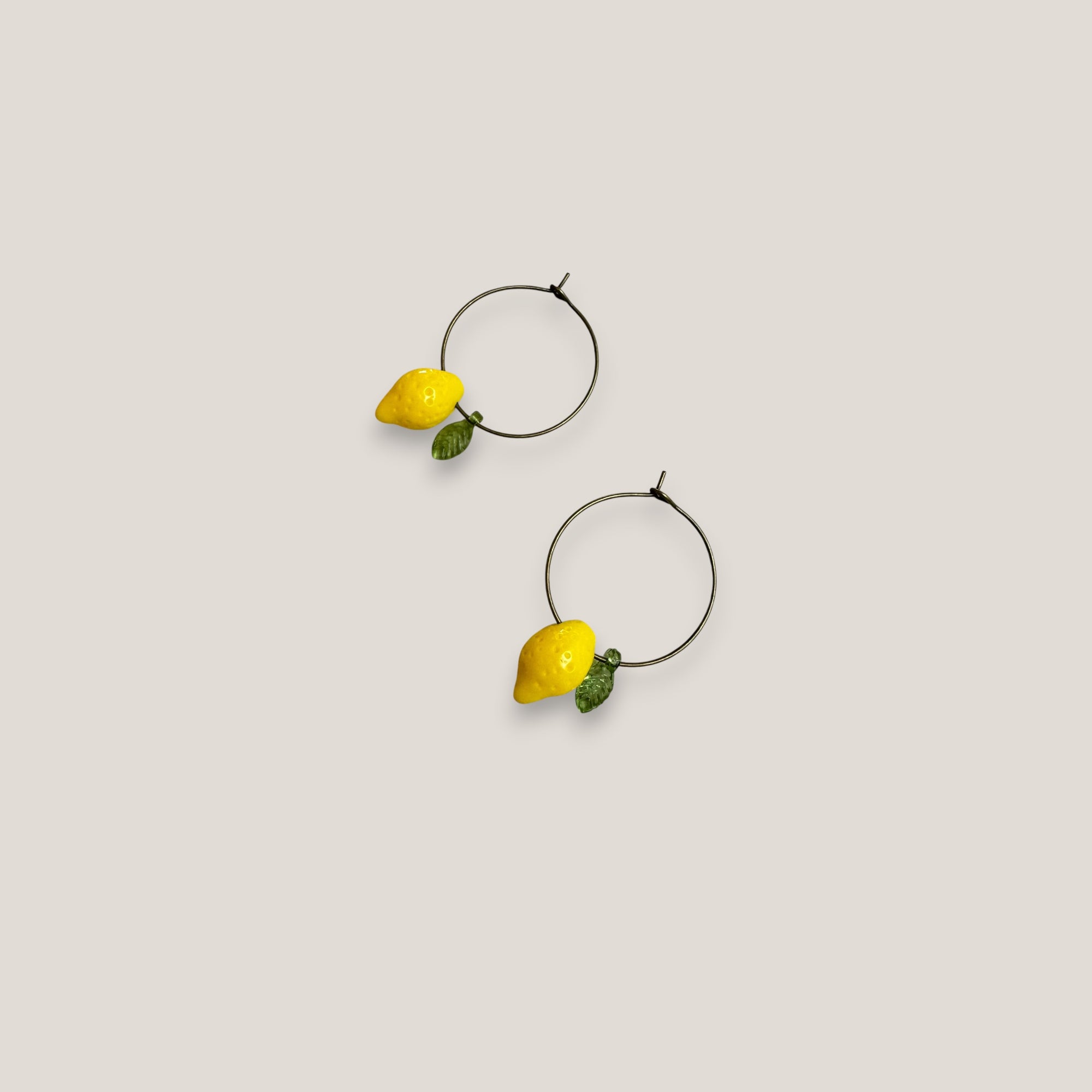 Minimalist hoop earrings in bronze with lemon and resin leaf
