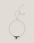 Midi necklace, circle, steel, iridescent green mermaid scales, dark green lava, light green crystal spacers
