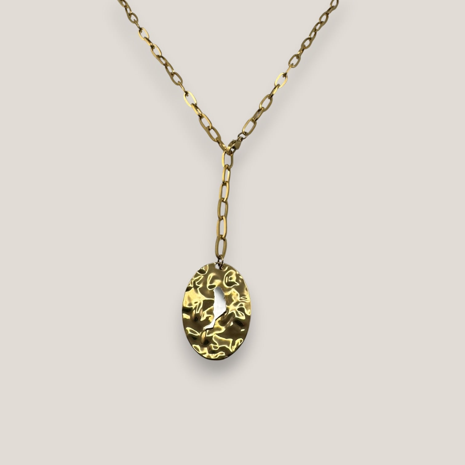 Collar medalla oval isla Fuerteventura acero cadena largo regulable acero oro