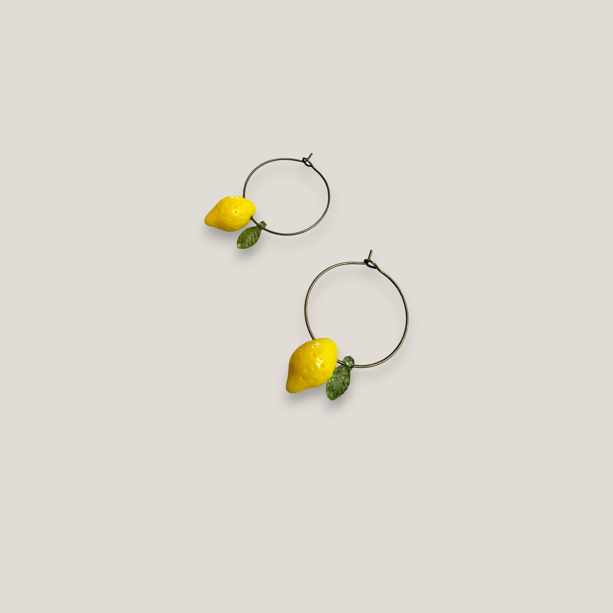 Minimalist hoop earrings in bronze with lemon and resin leaf