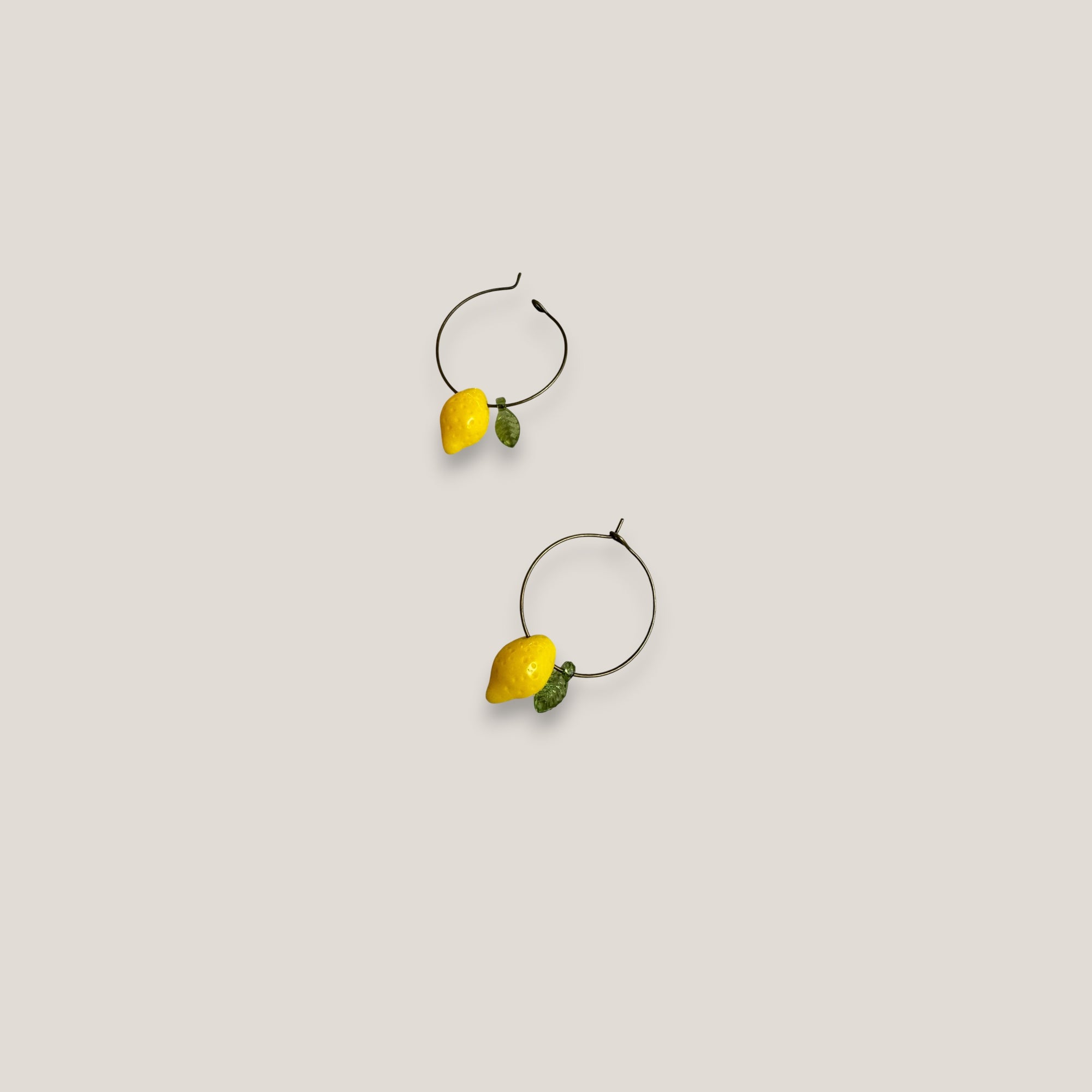 Minimalist hoop earrings in bronze with lemon and resin leaf