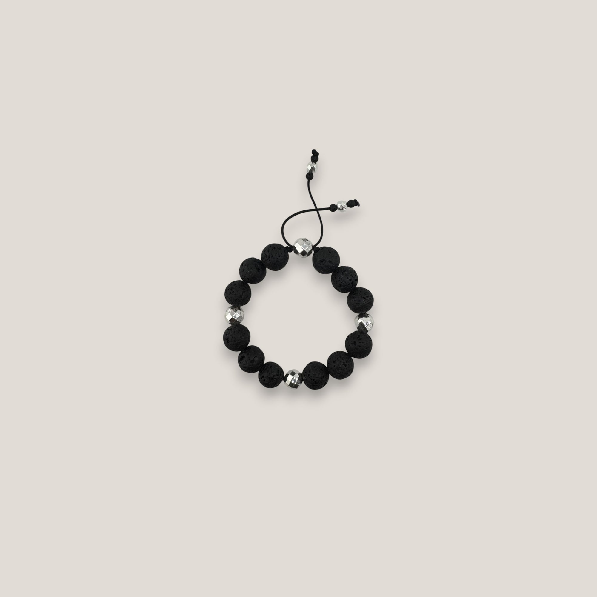 Pulsera base 14mm lava negra hematitas facetadas plata