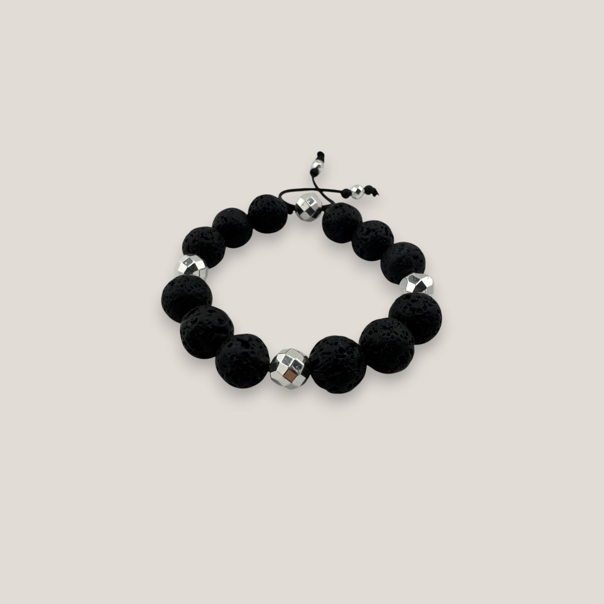 Pulsera base 14mm lava negra hematitas facetadas plata