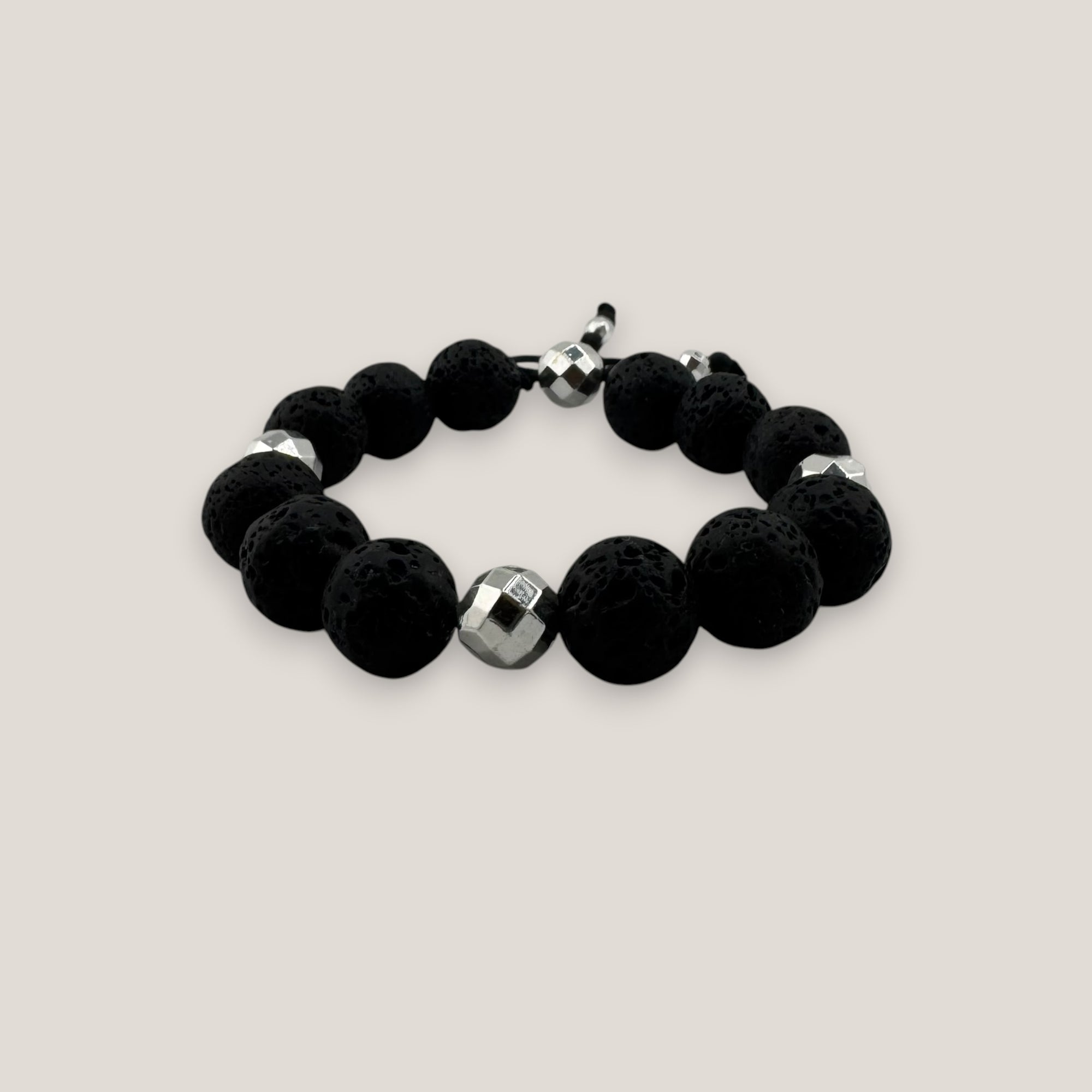 Pulsera base 14mm lava negra hematitas facetadas plata